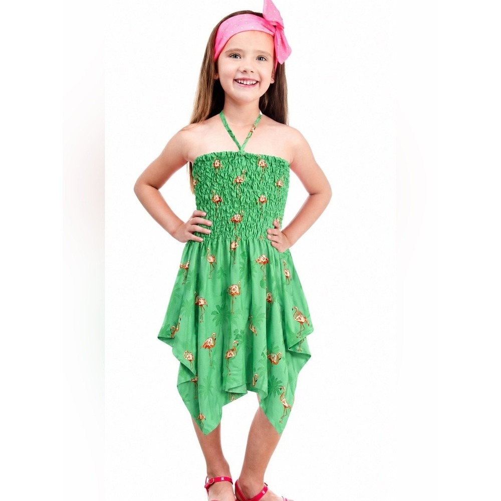 Rima Girls Popcorn Flamingo Dress size 6β10 Smockedβ Tropical Sundress Stretchy
